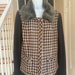 CAbi Houndstooth Mixer Jacket Removable Faux Fur Collar Size 12 #978